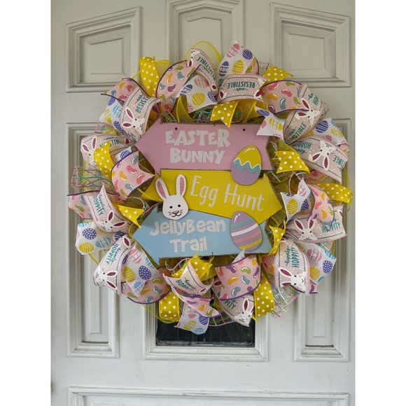 Easter Bunny Jelly Bean Trail Egg Hunt Sign Mesh Ribbon Spring Wreath - Picture 1 of 8